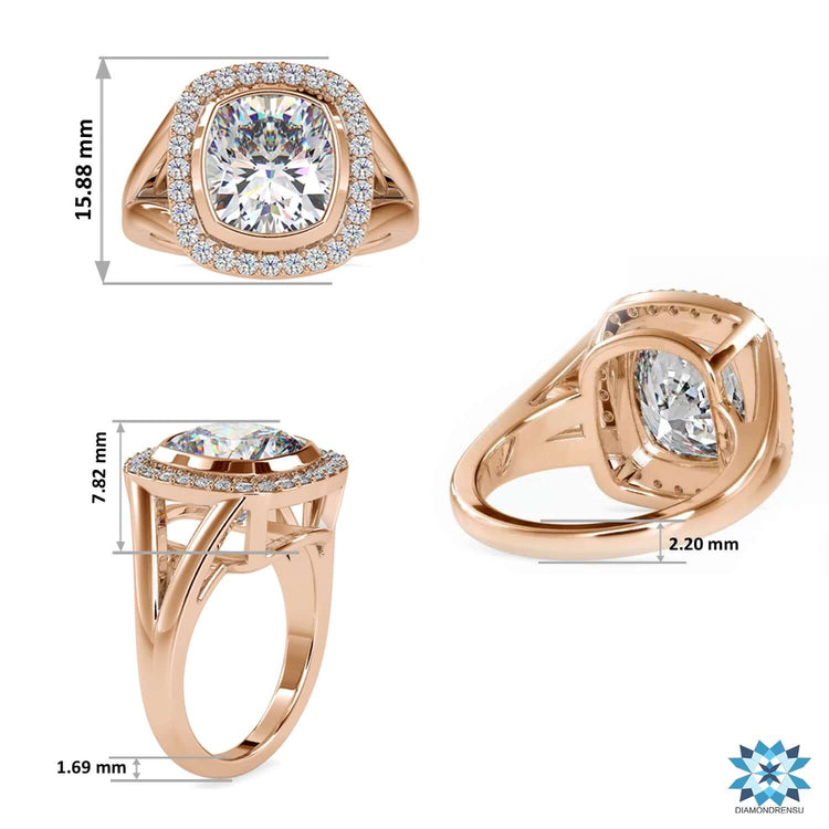 Split shank engagement ring with lab grown cushion diamond.