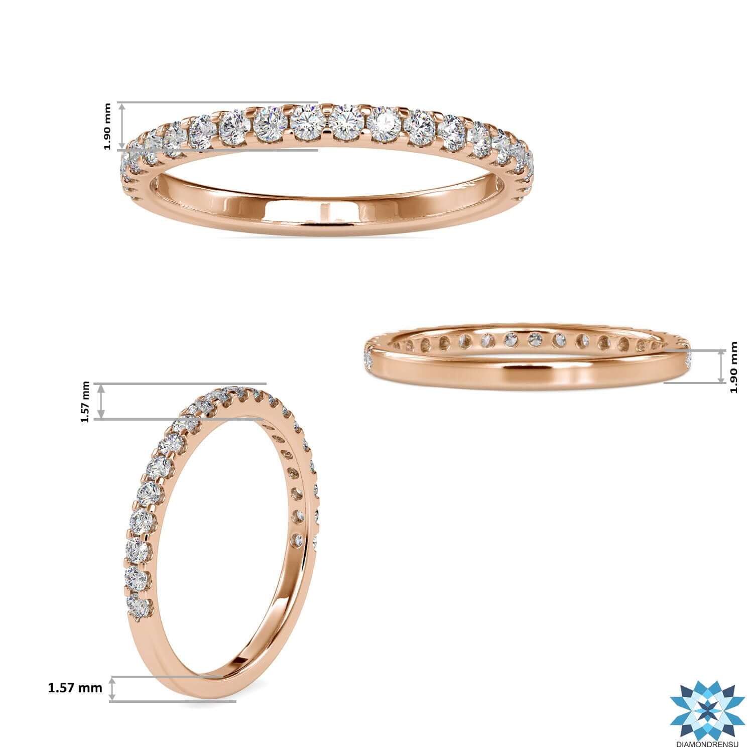 Yellow gold minimalist wedding band with round diamonds.