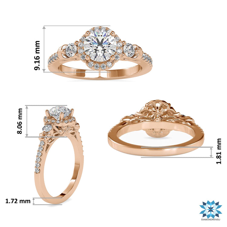 White gold floral ring with round cut lab grown diamond.