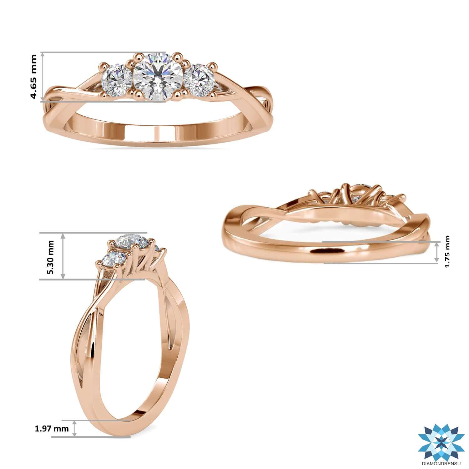 Yellow gold twisted engagement ring with lab grown round diamonds.