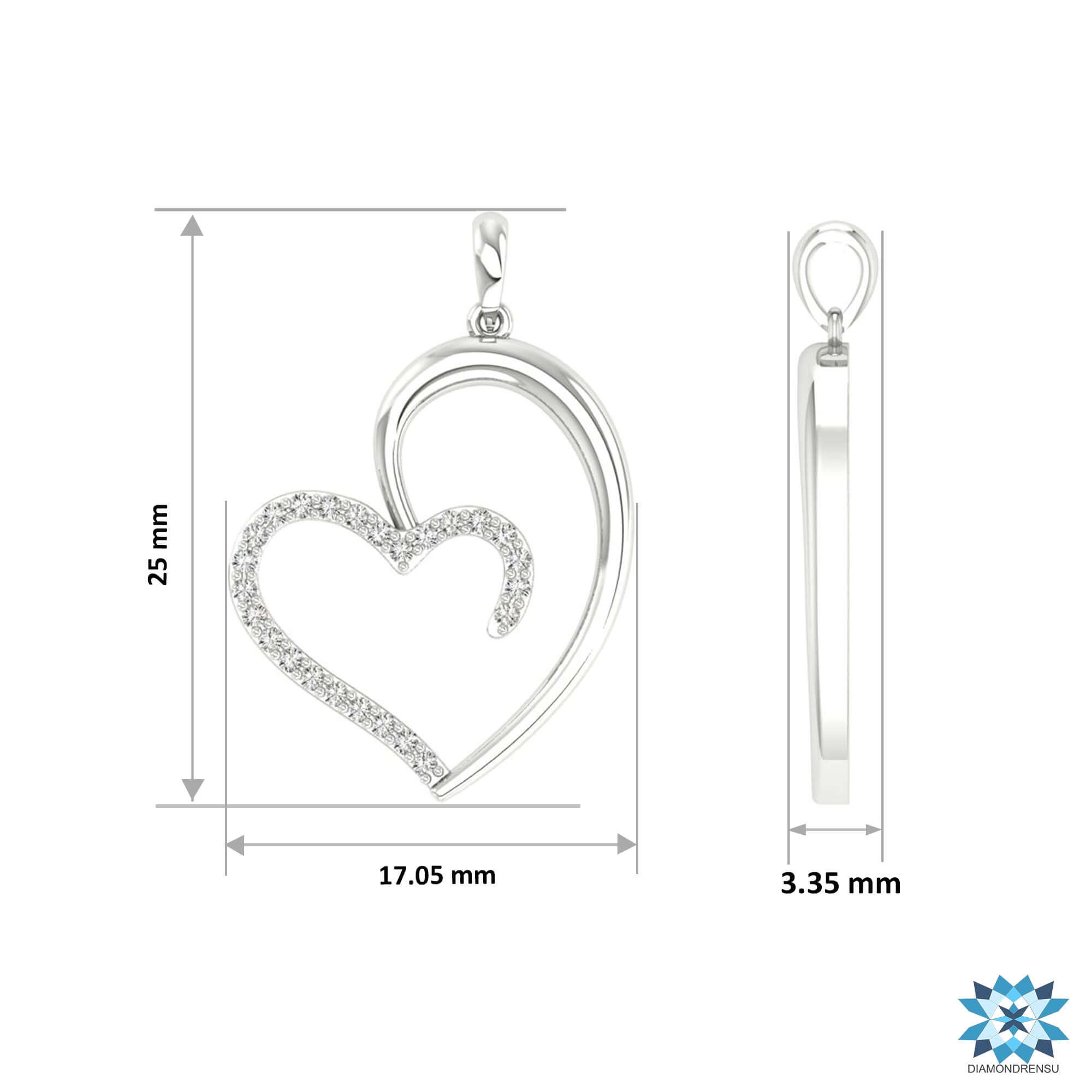Pendant with heart motif and shared prong setting diamond.
