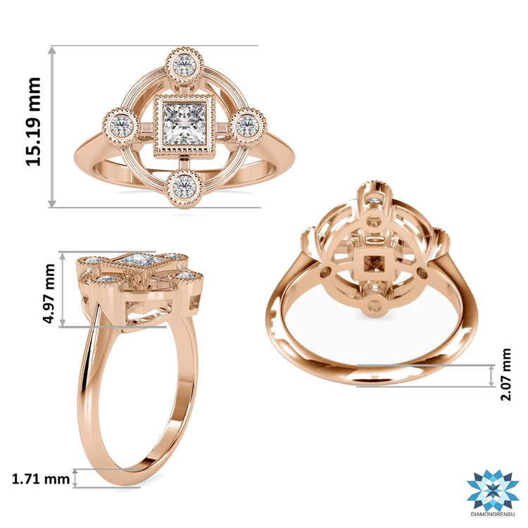 White gold wedding ring featuring vintage inspired princess diamonds.