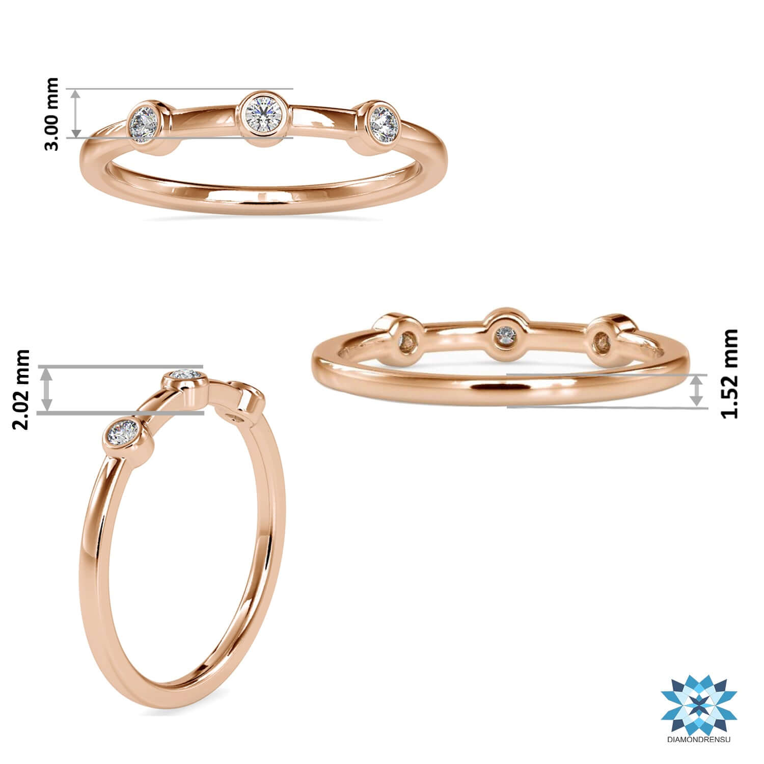 Rose gold wedding band with round bezel diamonds.
