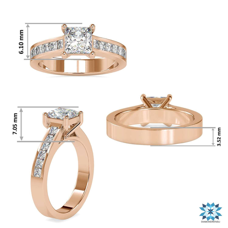 White gold ring with 4 round prong princess cut diamond.