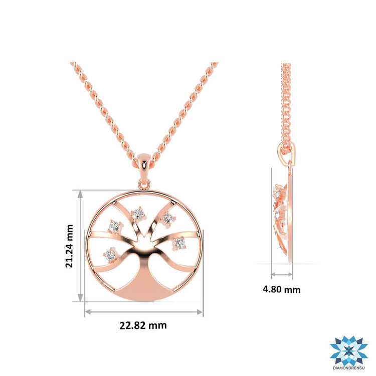 Round diamond pendant designed with symbolic tree motif.