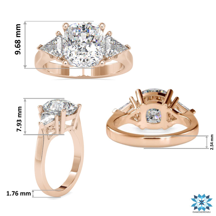 Lab grown diamond ring with cushion centre and kite cut accents.