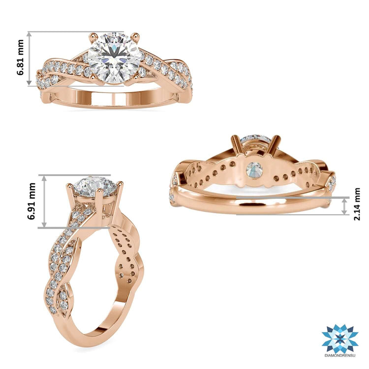 Twisted pave engagement ring featuring four round prong setting.