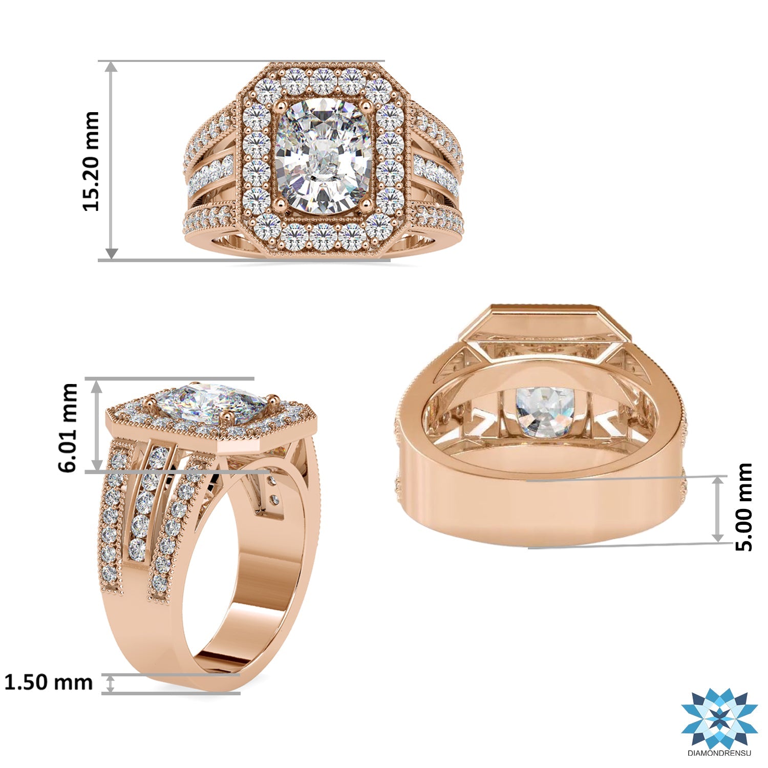 Lab grown cushion diamond in vintage halo split shank ring.