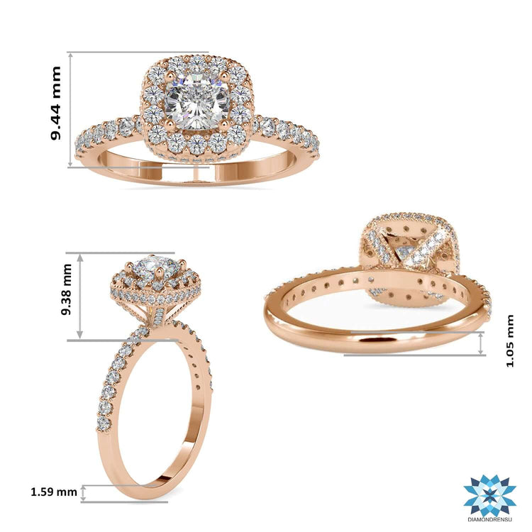 Round diamond side stone ring with halo cushion centre.