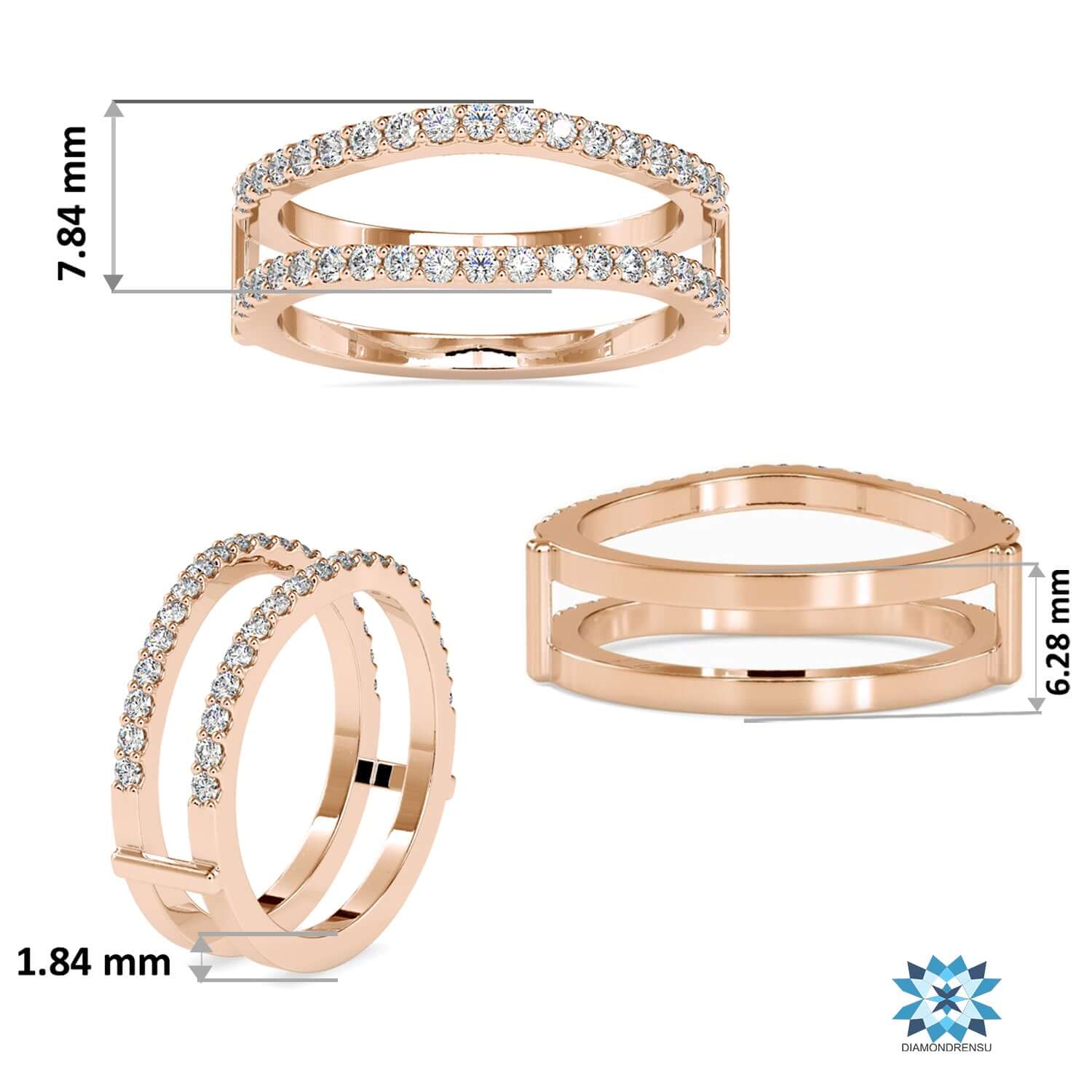 Rose gold guard wrap wedding band for round engagement ring.