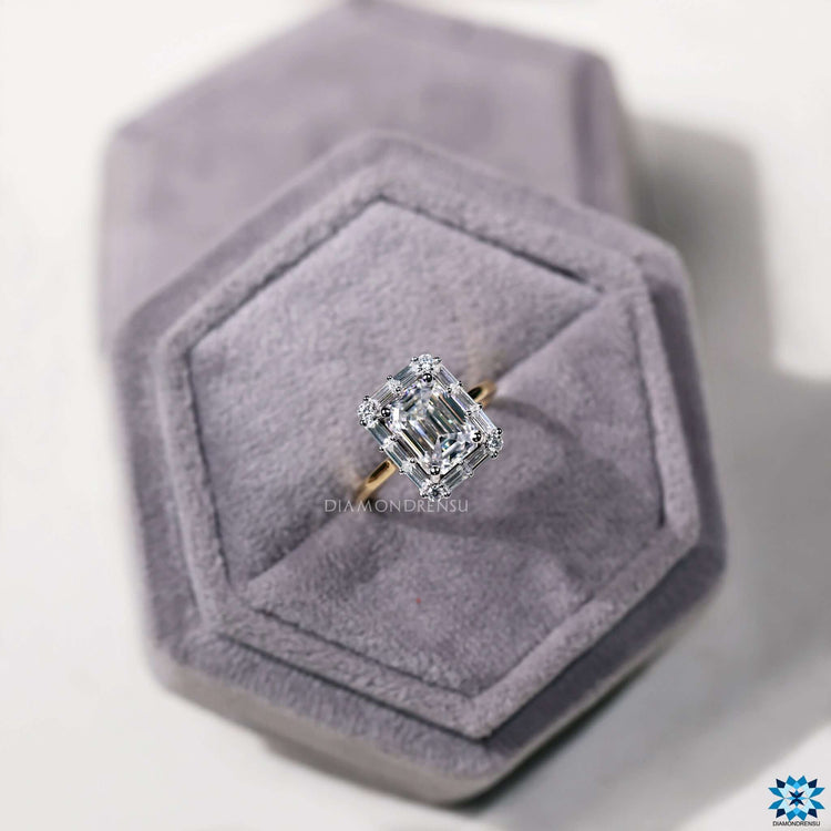 Vintage moissanite ring with two tone metal finish.