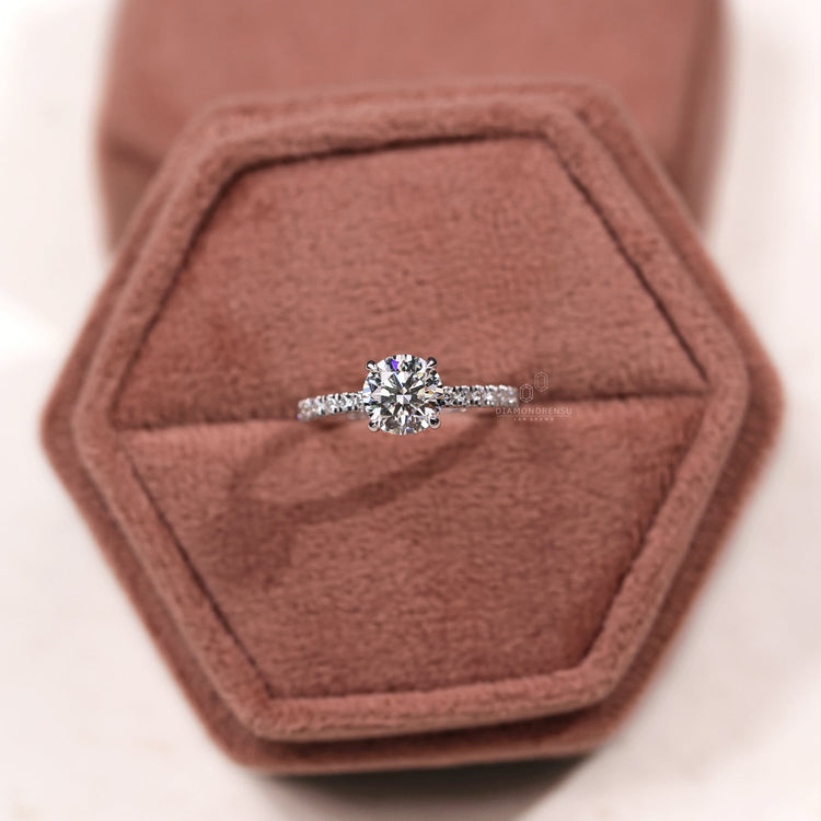 Engagement ring hidden halo showcasing sophistication and charm.