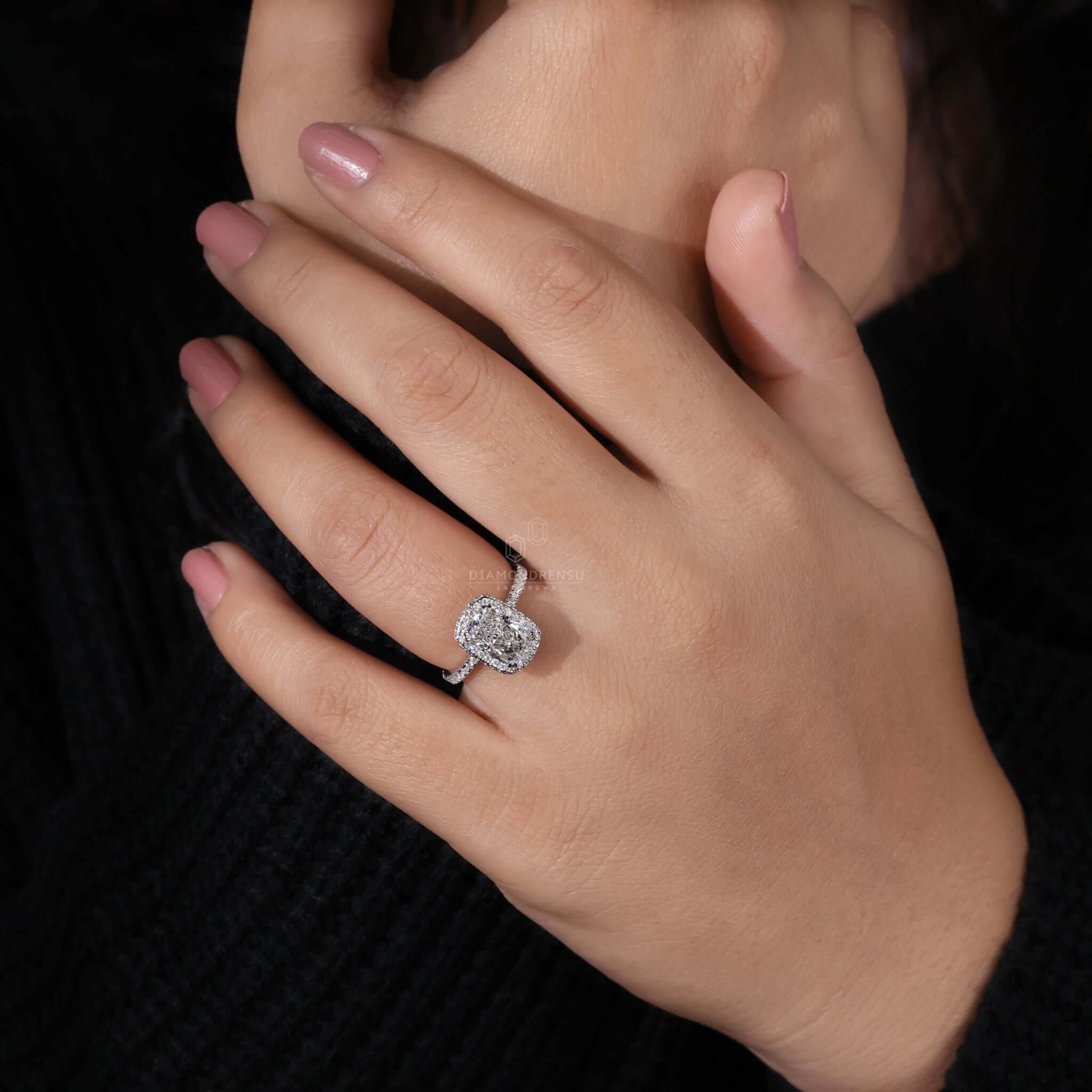 Pave diamond ring with cushion engagement ring style and halo ring ring design for a modern touch.