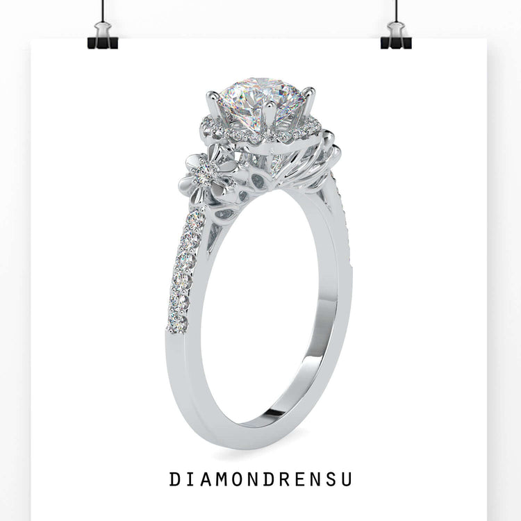 Round diamond engagement ring in tulip style prong setting.