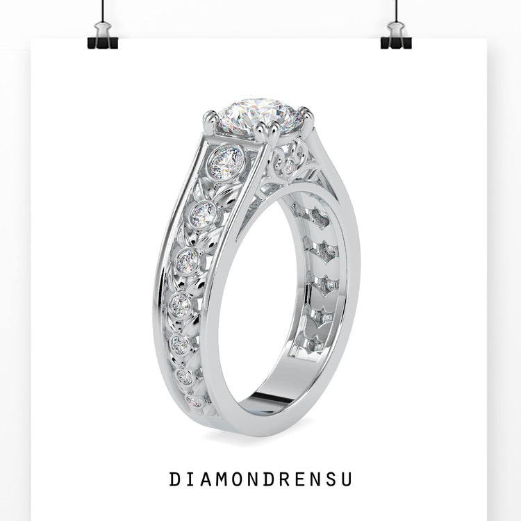 Rose gold vintage ring featuring round side stones.