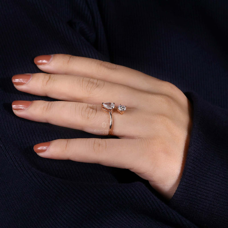 Toi et moi ring with bypass setting ring crafted as a unique engagement ring for women.