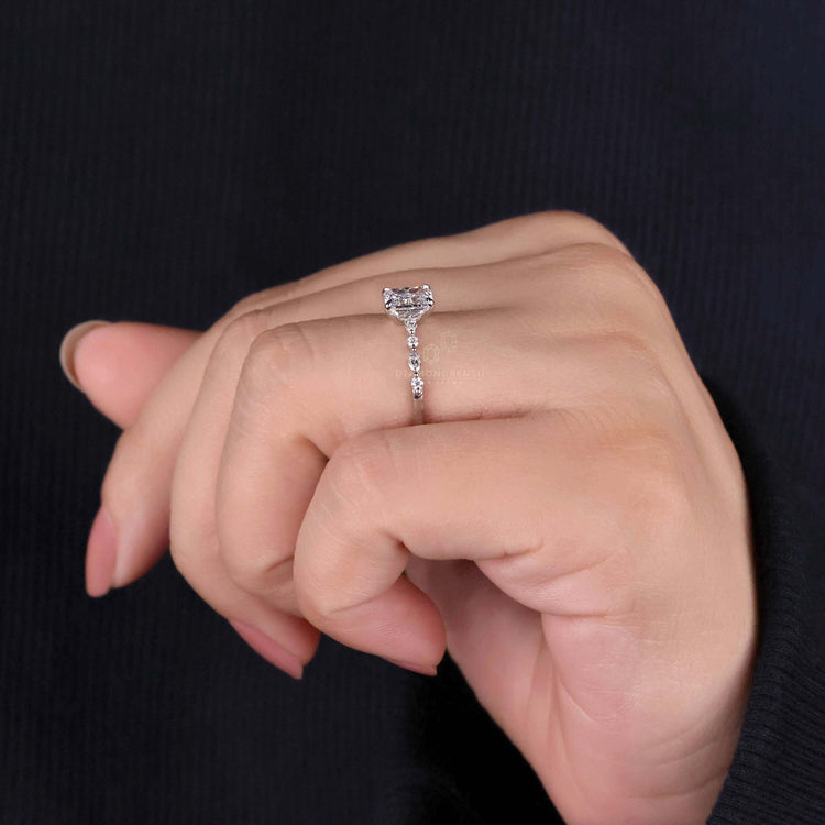 Floating Bubble Style radiant engagement ring with a pave diamond setting for timeless sparkle.