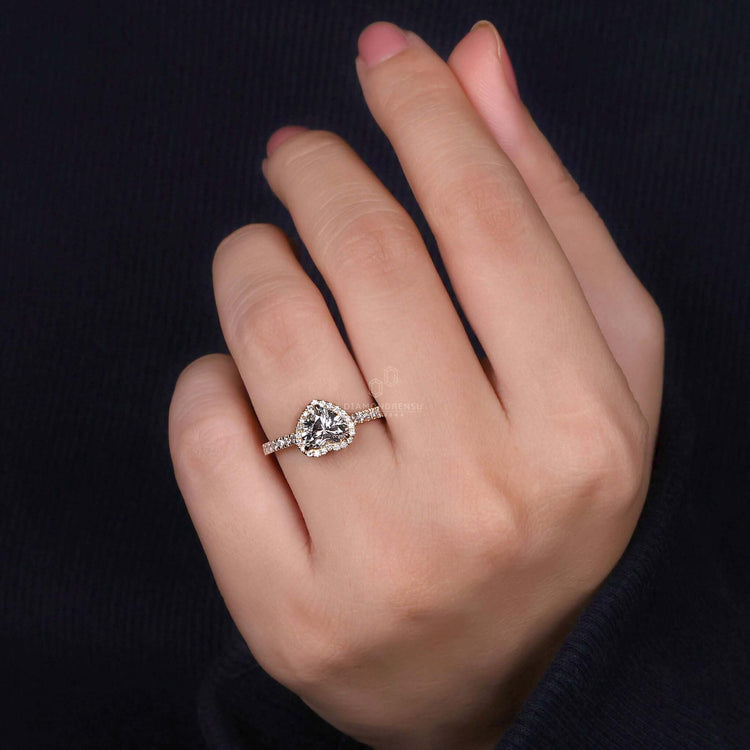 Heart shaped diamond halo ring in a unique pave band engagement ring design, perfect for women in the UK.