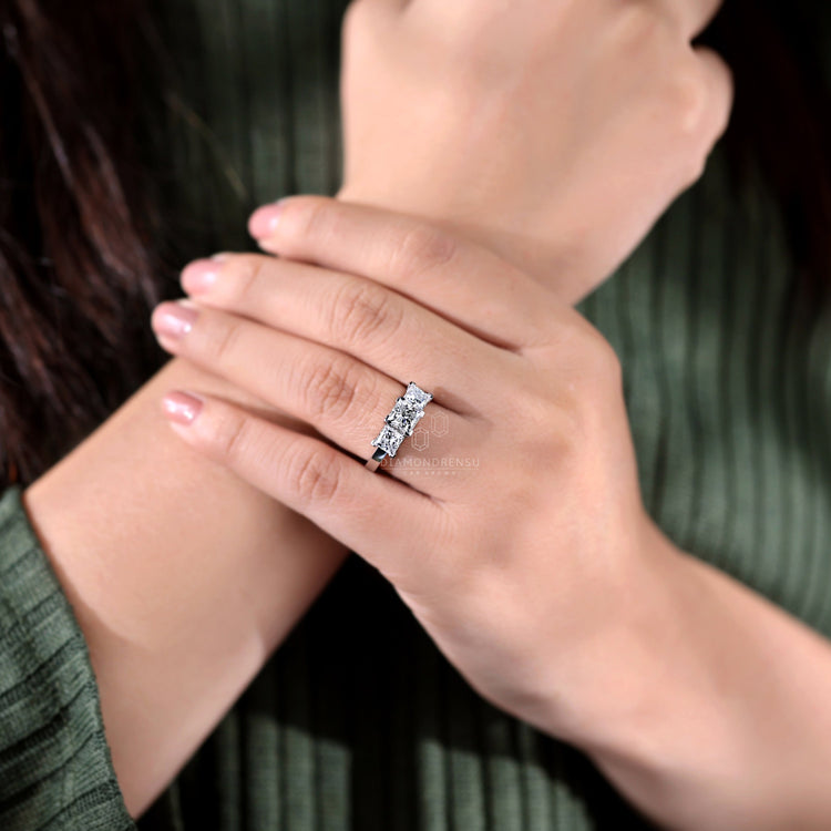 3 stone ring with lab grown diamonds and IGI certification.