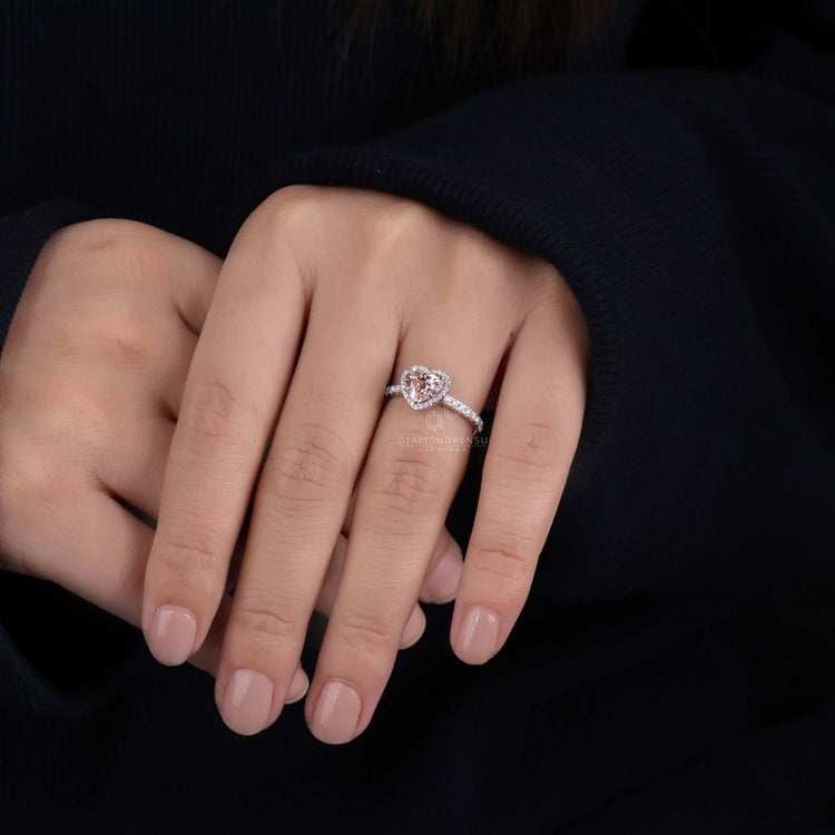 Heart diamond shape ring featuring a pave diamond band for added sparkle