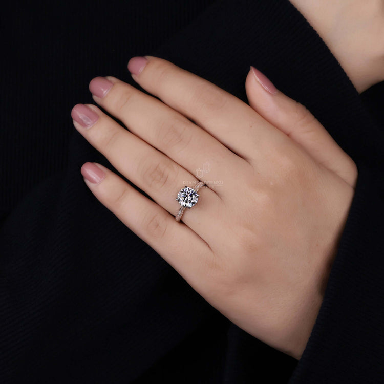 Three sided pave engagement ring with unmatched sparkle and depth.