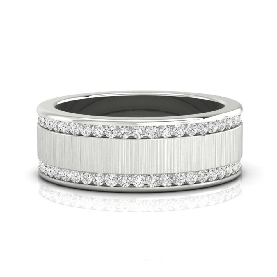 Mens satin finish wedding band with channel setting.