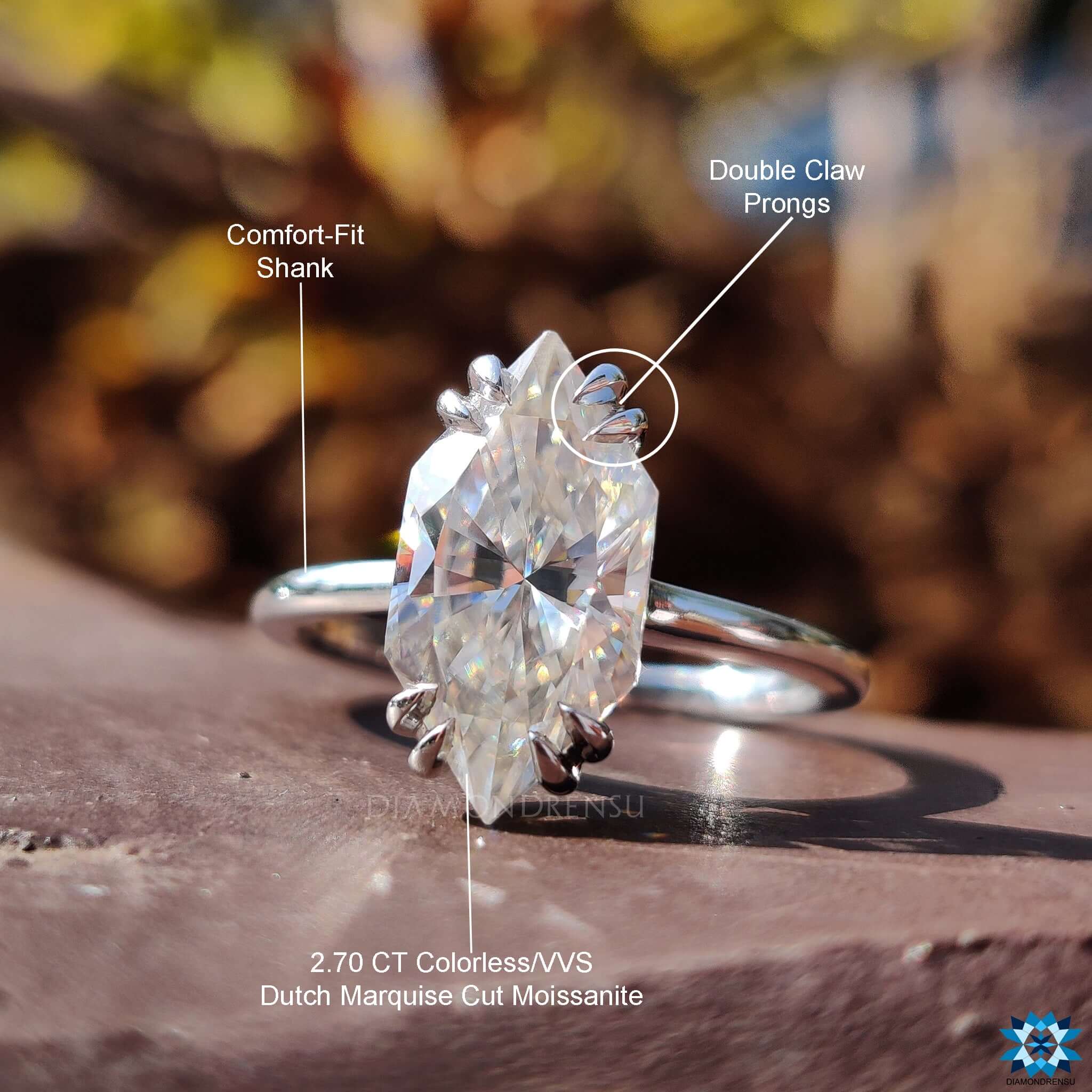 Buy moissanite ring with hidden halo and prong setting.