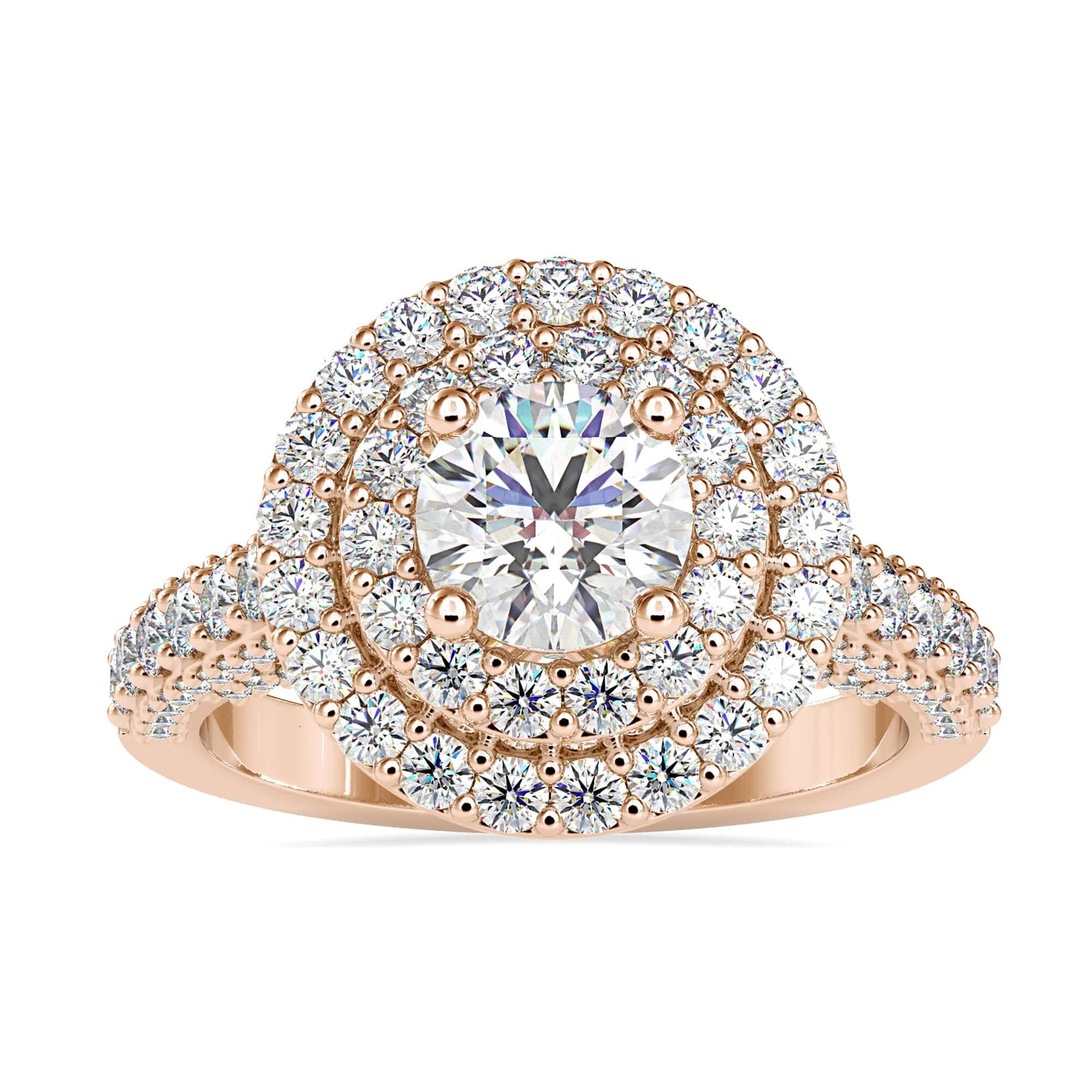 UK engagement ring with round diamond and double halo.