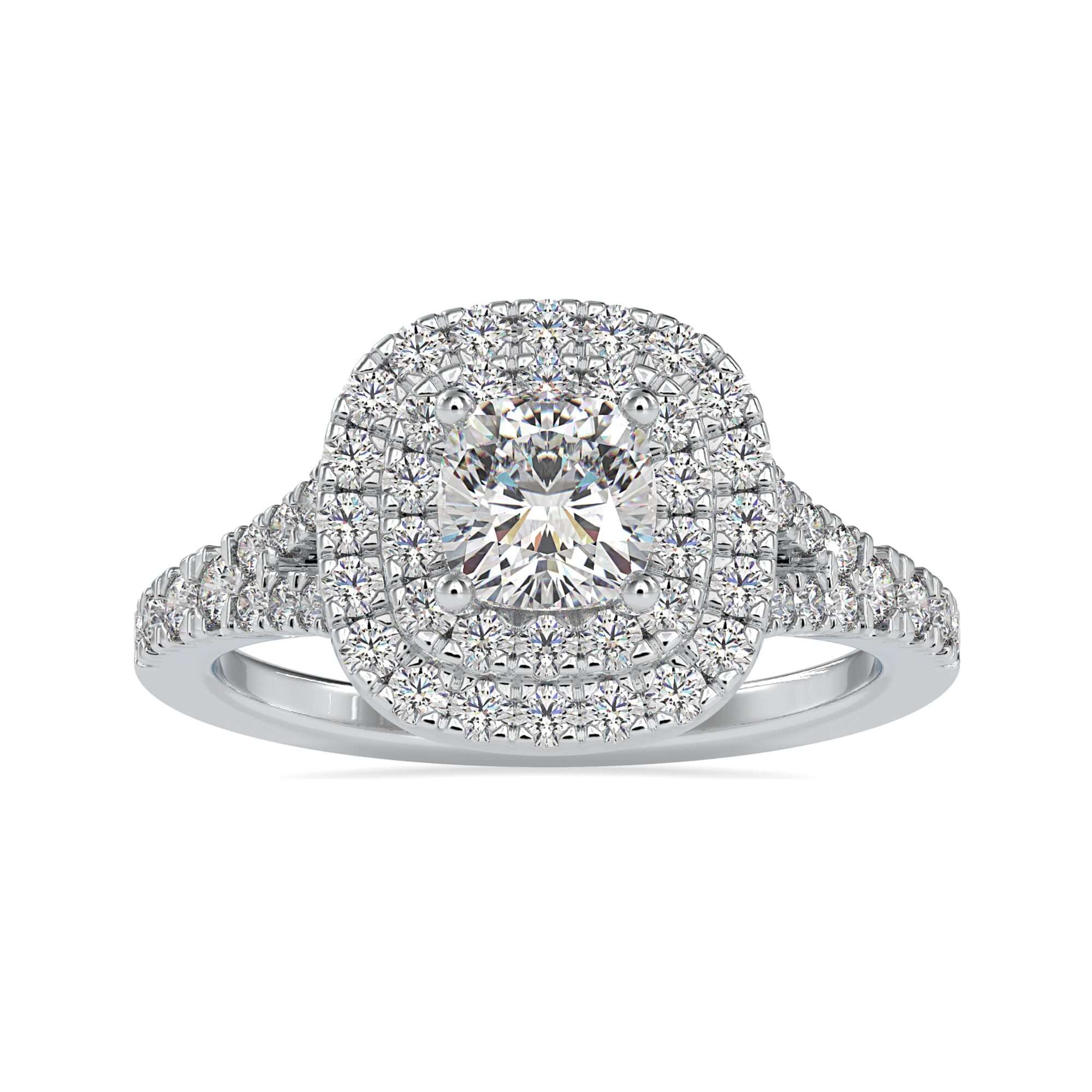 Yellow gold double halo ring with cushion centre and pave accents.