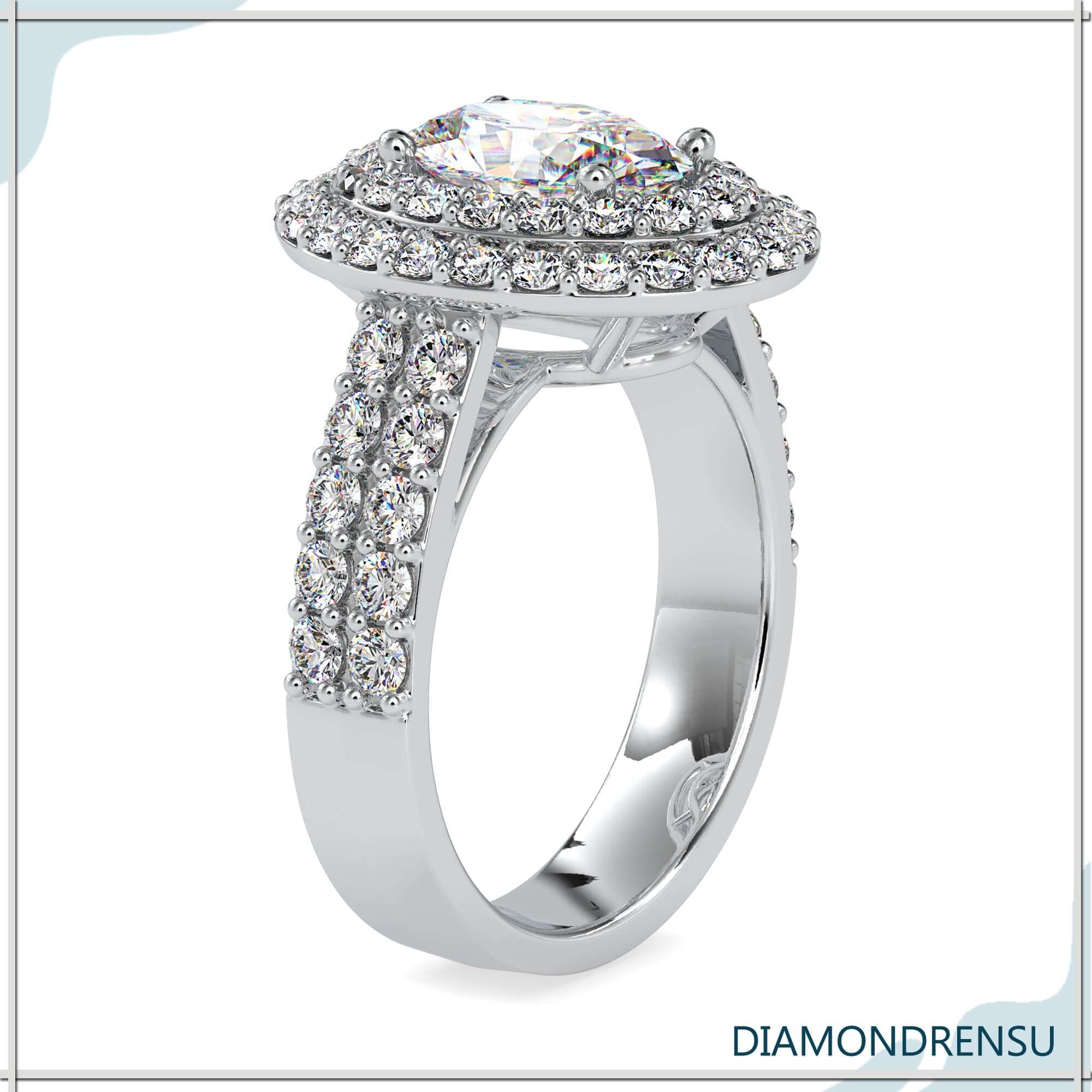 Diamondrensu UK engagement ring with double halo and prong setting.