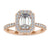 Emerald halo engagement ring with pave round cut band.
 Emerald halo engagement ring with pave round cut band.