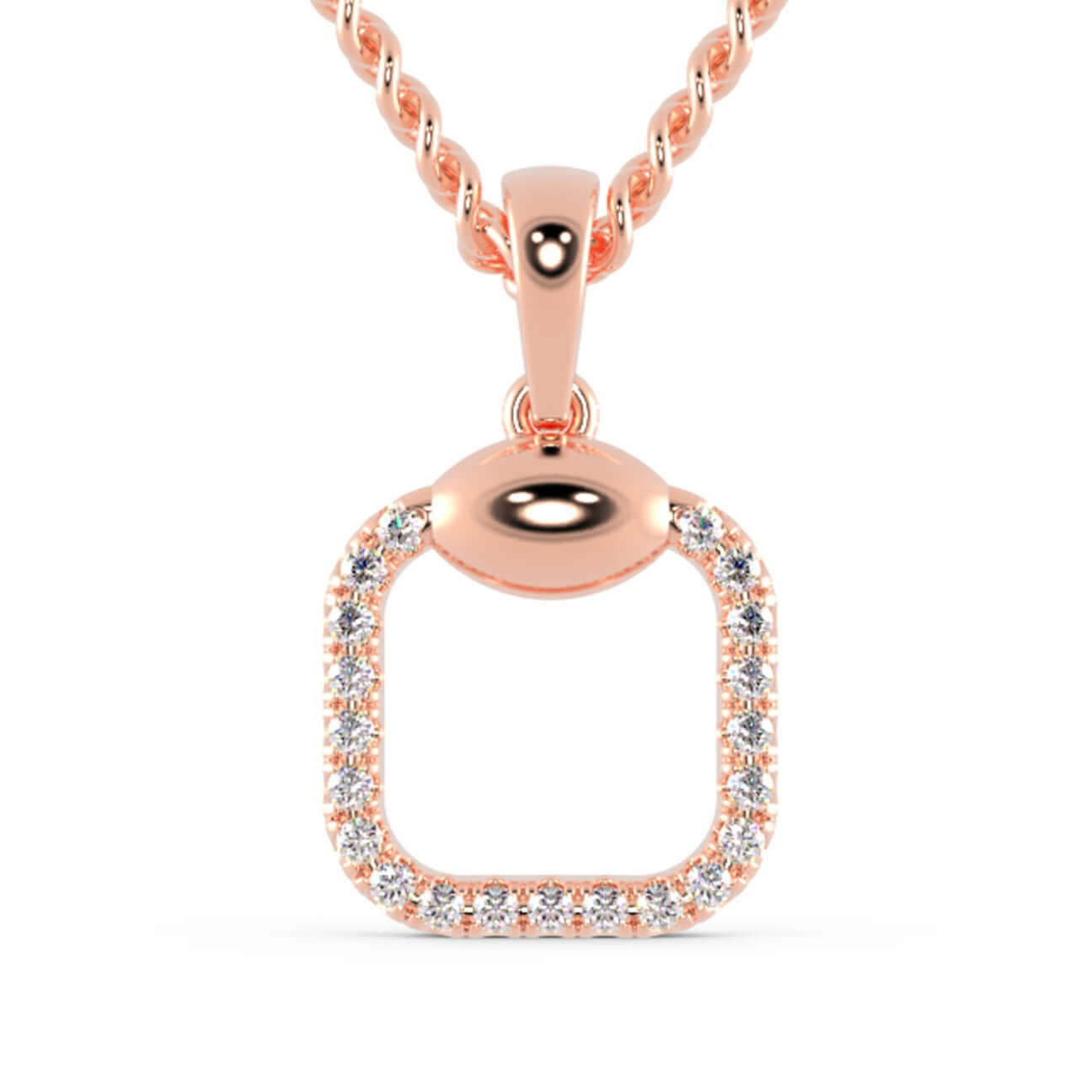 Round diamond pendant with cushion outline in white gold.