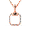 Round diamond pendant with cushion outline in white gold.