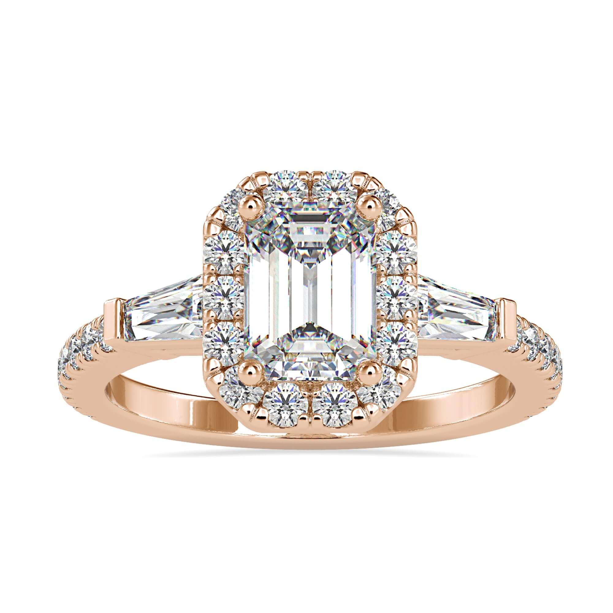 Halo diamond engagement ring with emerald cut centre.