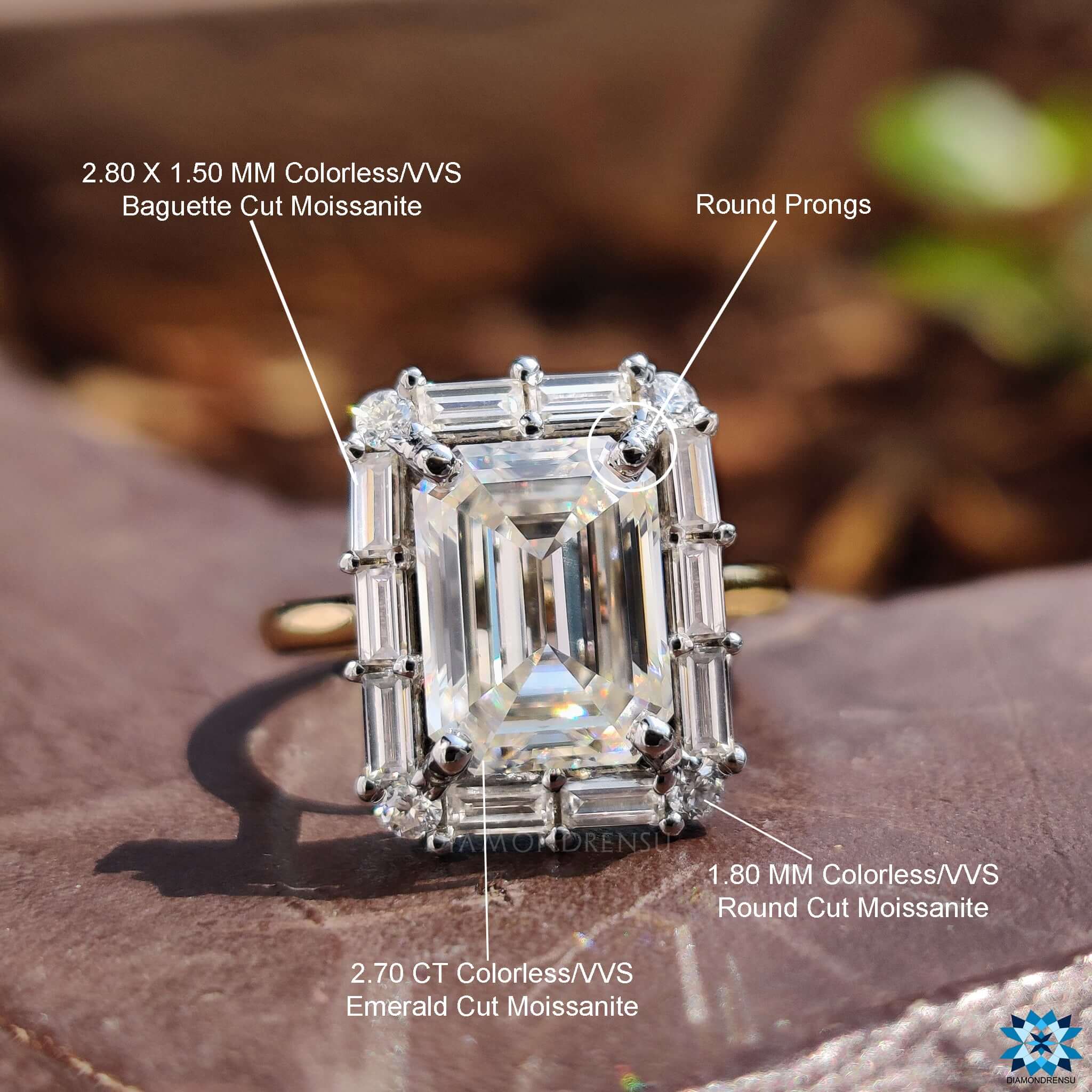 Buy moissanite ring in yellow and white gold.