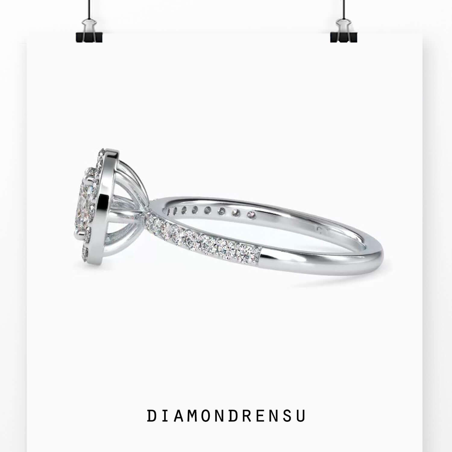 Pave band engagement ring with oval lab grown diamond.