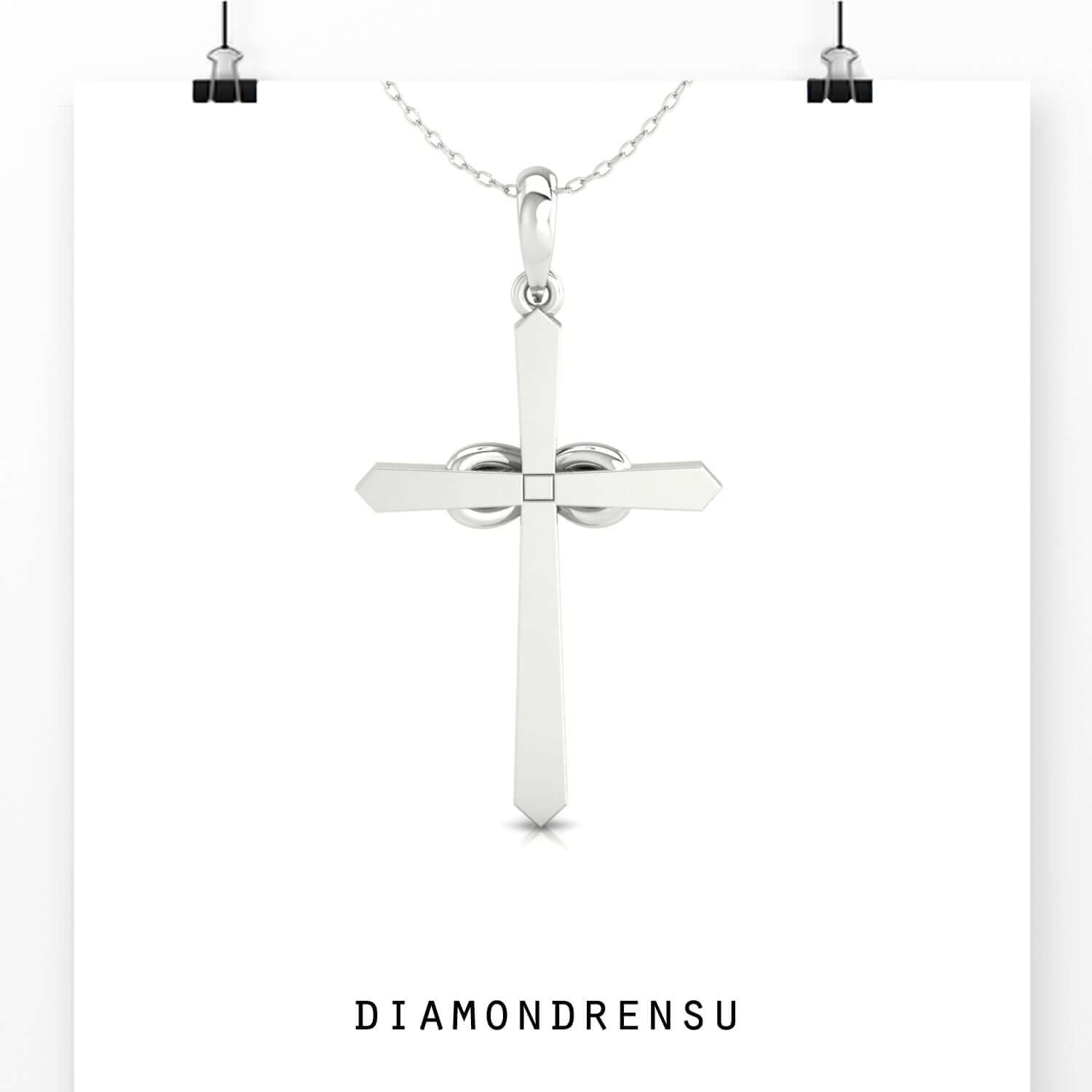 White gold pendant shaped like an infinity symbol with diamonds.