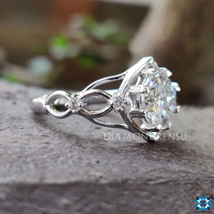 Handmade white gold moissanite engagement ring.