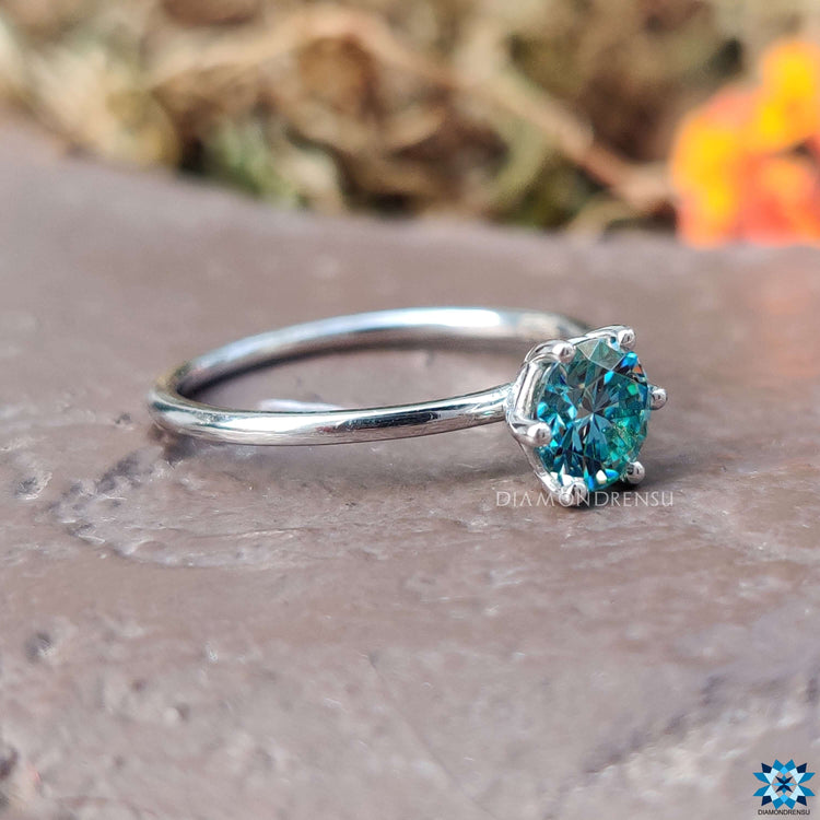 Diamondrensu UK blue moissanite solitaire ring.