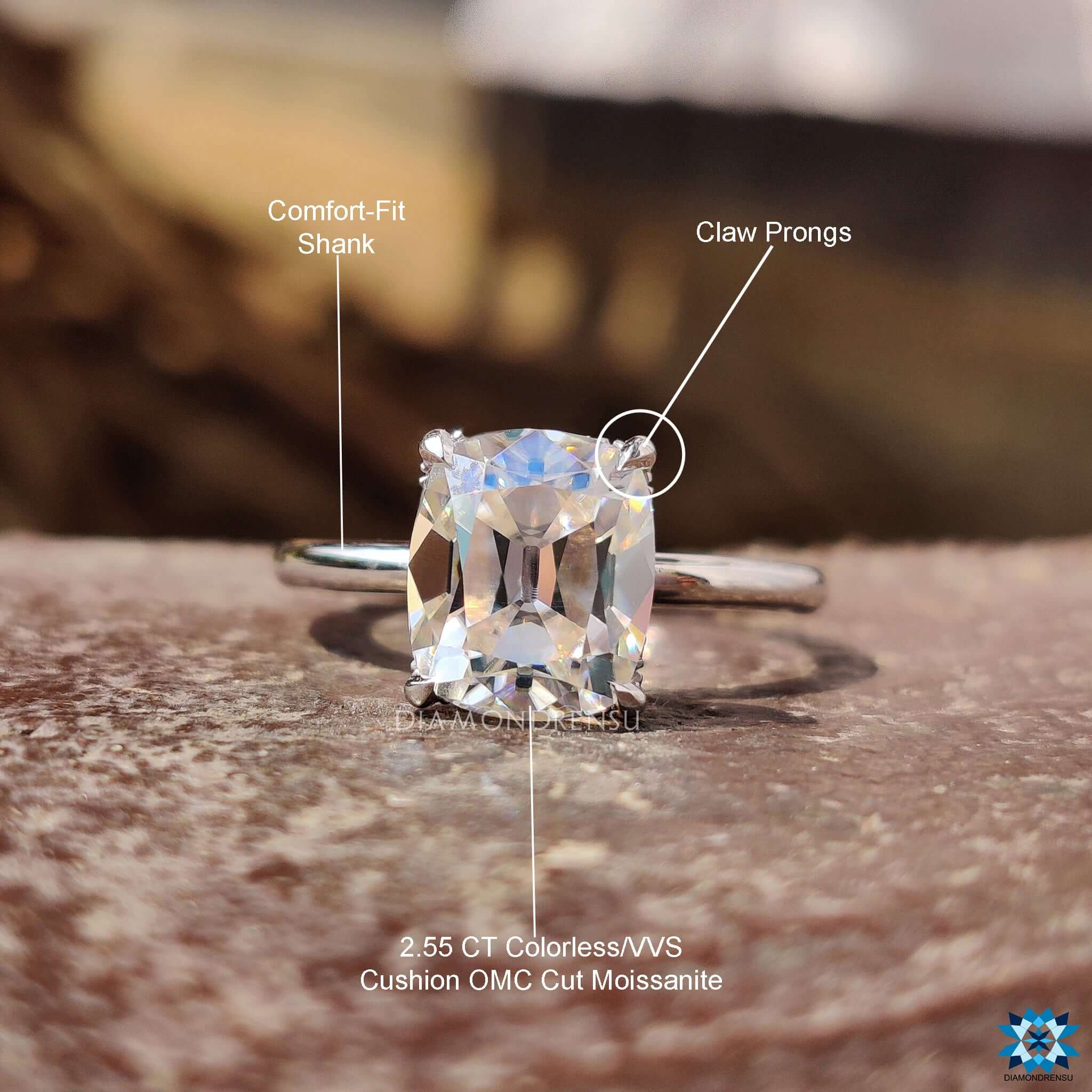 Buy moissanite ring in old mine cushion cut style.