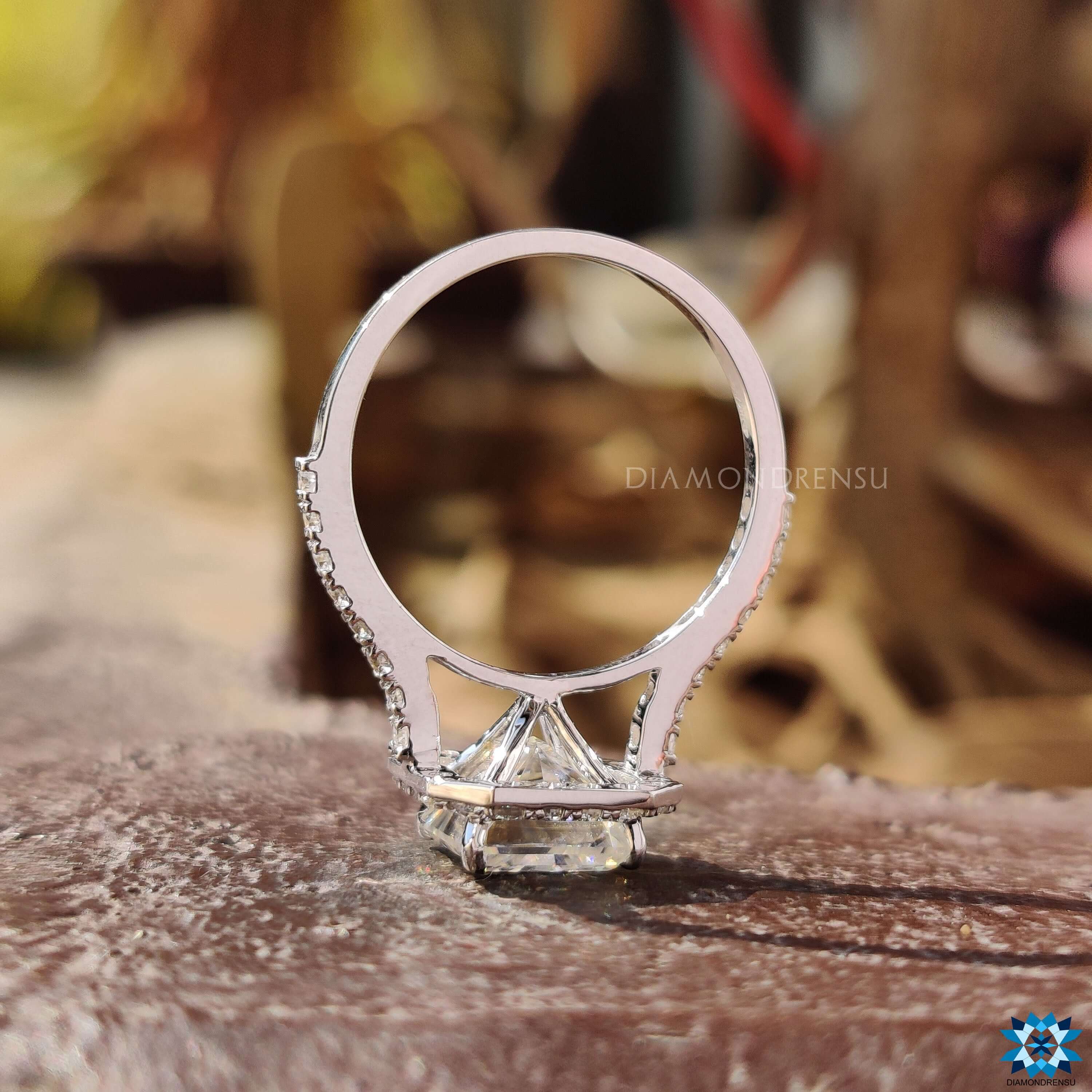 Cathedral setting ring with radiant cut moissanite.