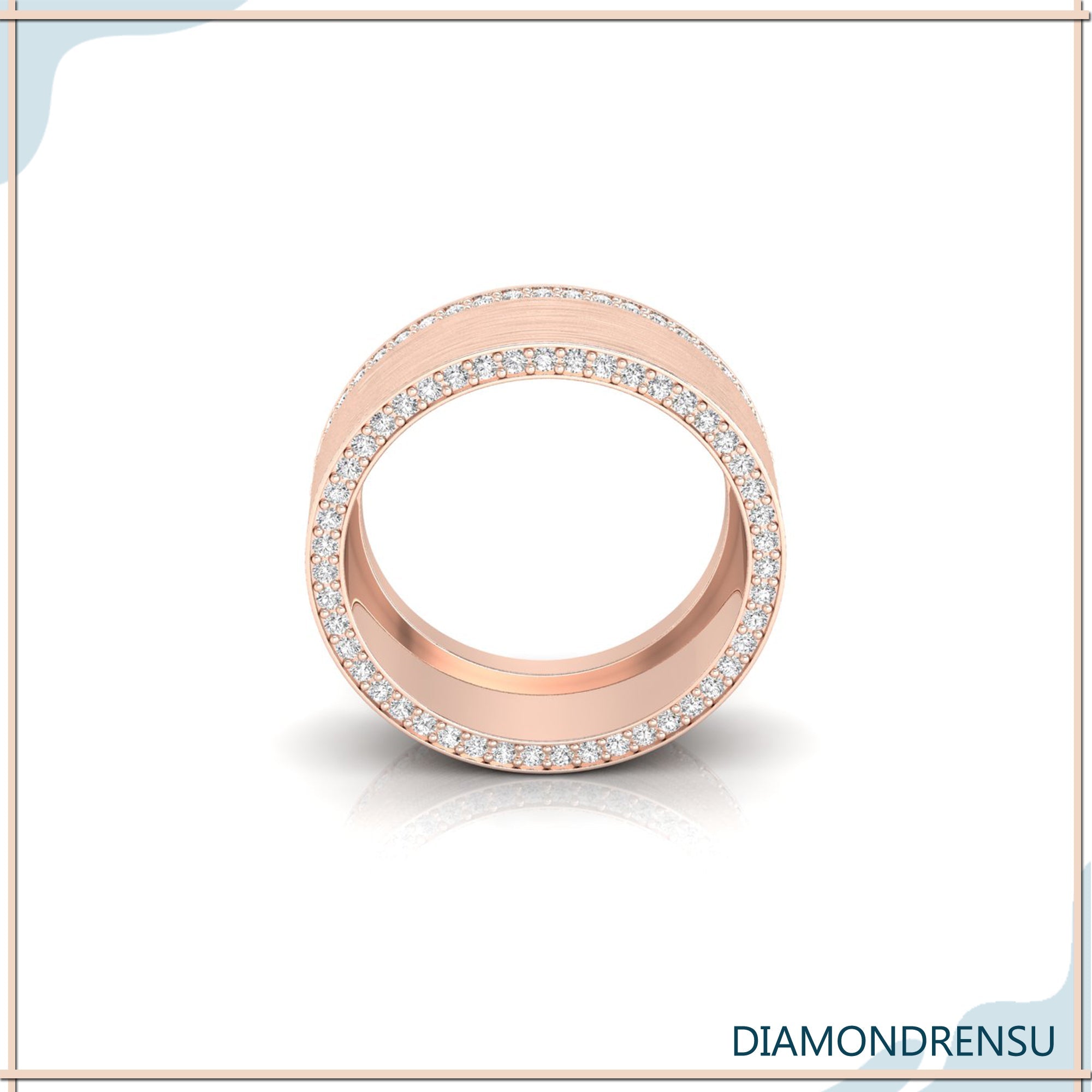 Mens pave wedding band in brushed finish with white gold metal.