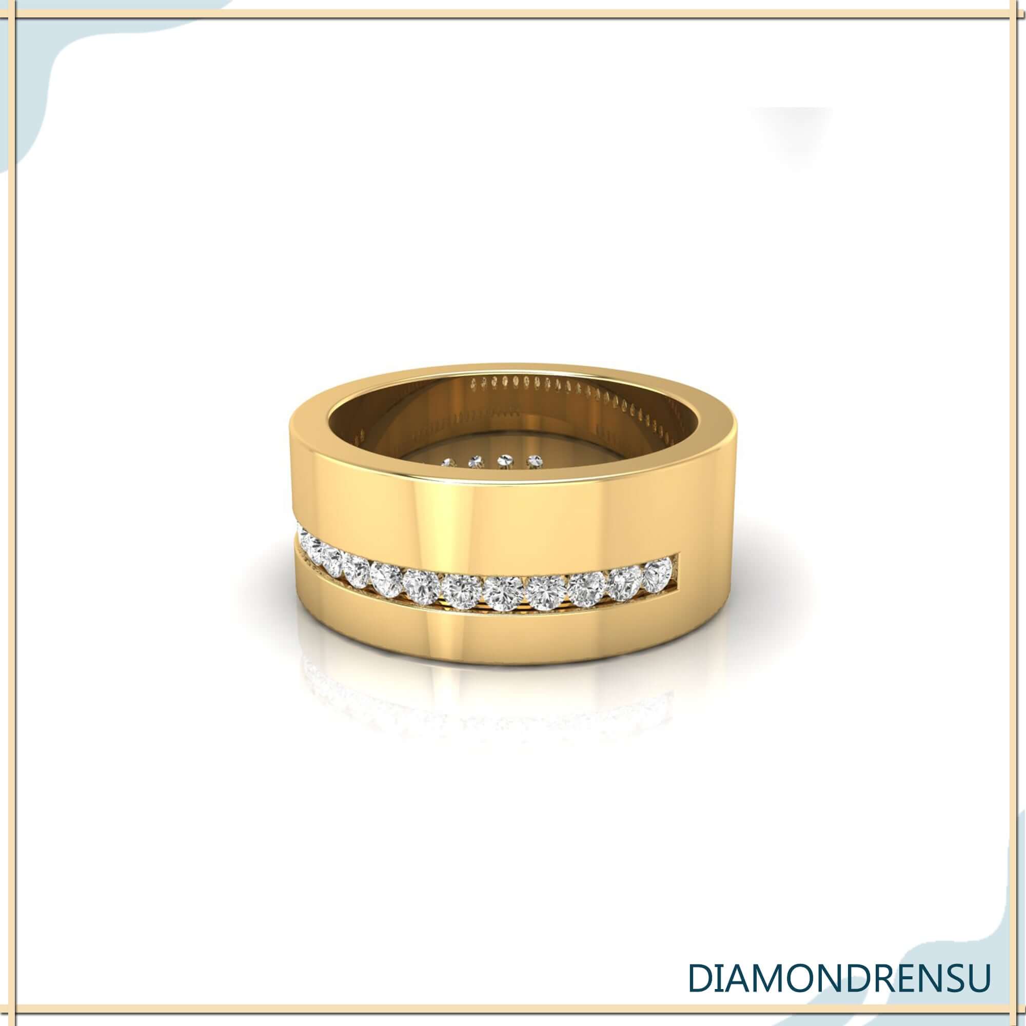 Channel wedding band with unique diamond semi eternity band design.