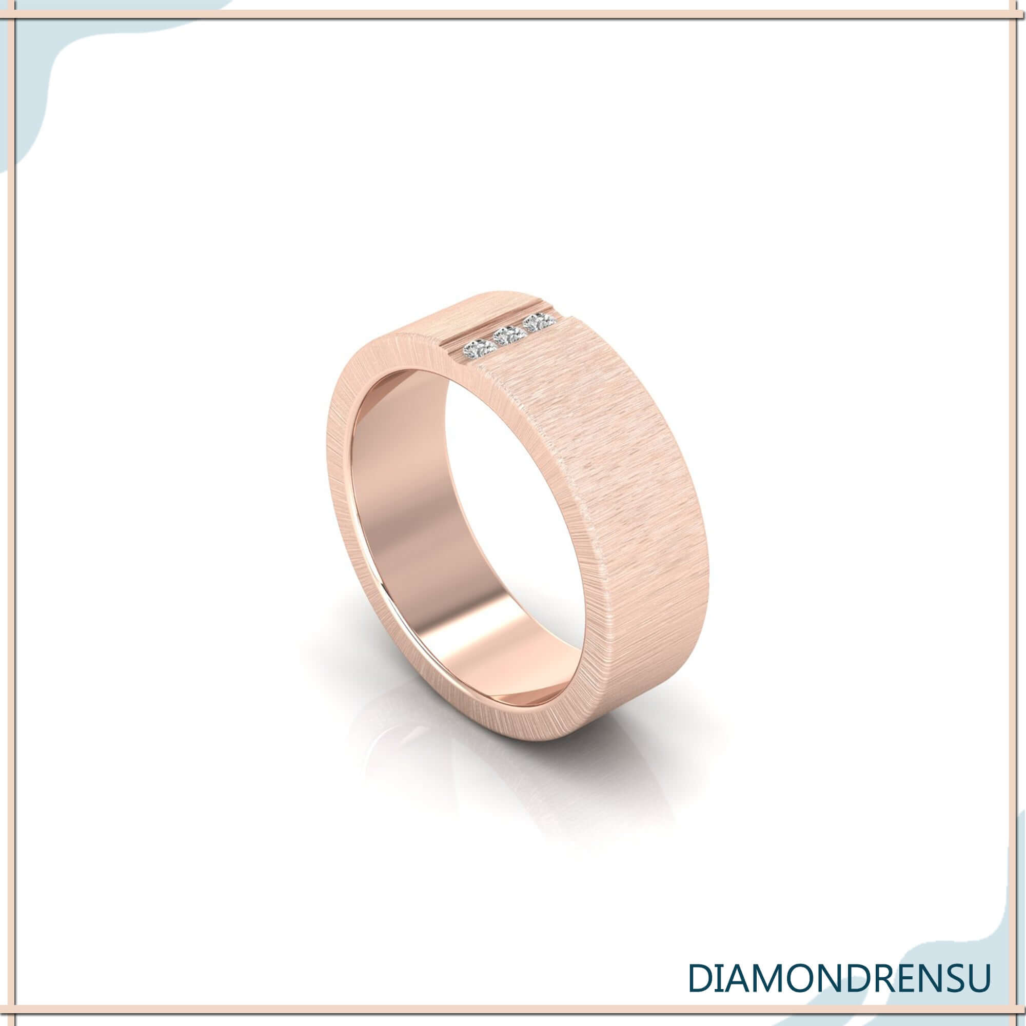 Yellow gold brushed finish wedding band with men's baguette diamond wedding band.