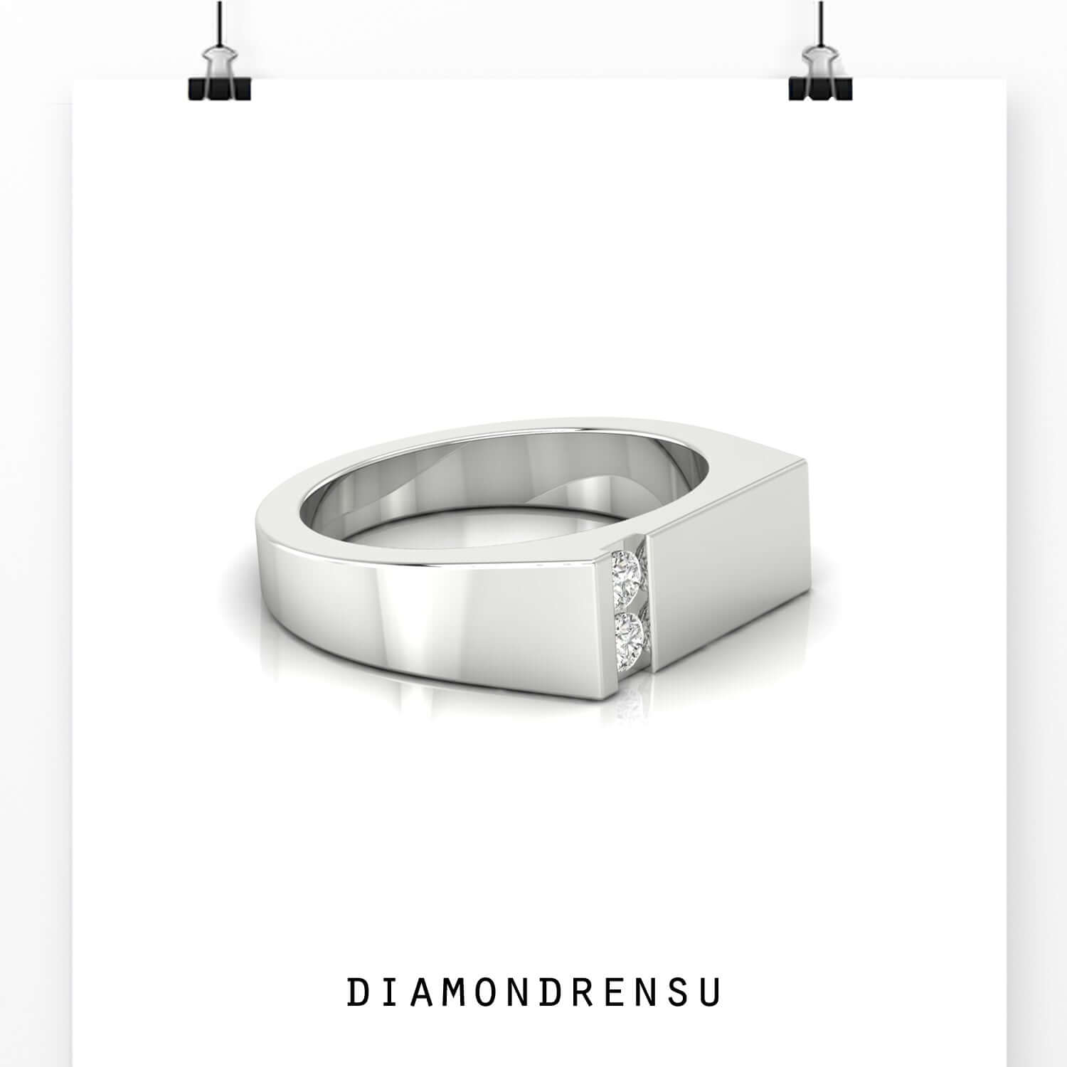 Polished finish band in white gold with 2 diamond mens wedding band design.