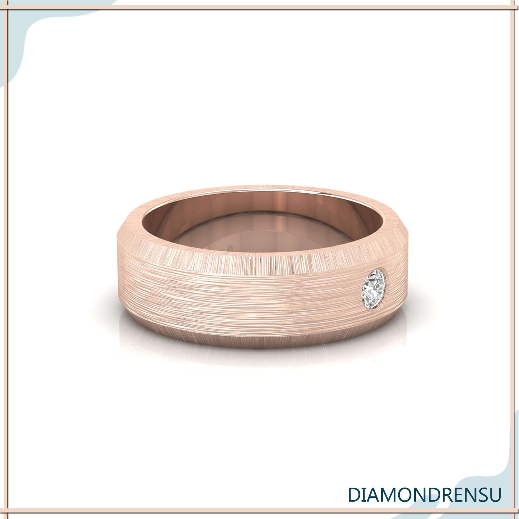 Diamondrensu UK wedding band with one round diamond band in rose gold.