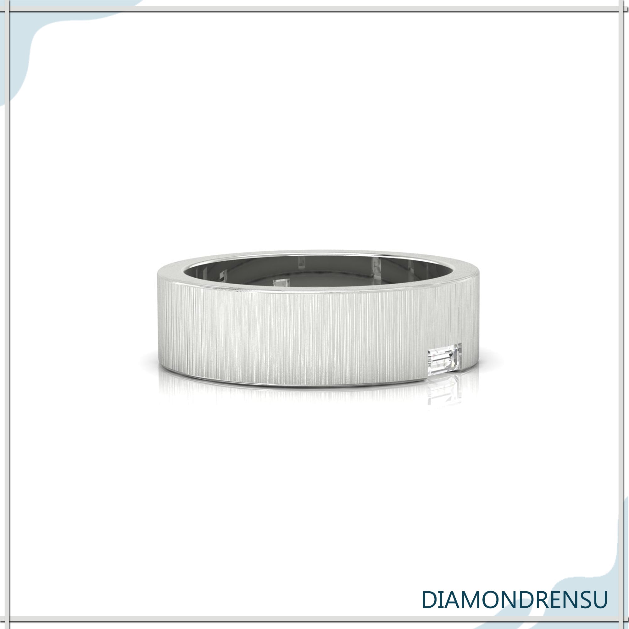 Single baguette diamond set in brushed finish wedding band.