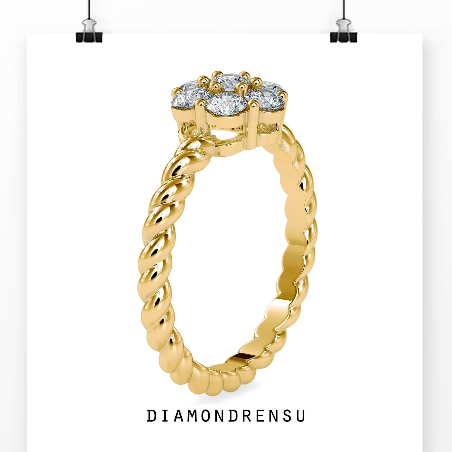 UK engagement ring with custom twisted rope band and cluster halo.