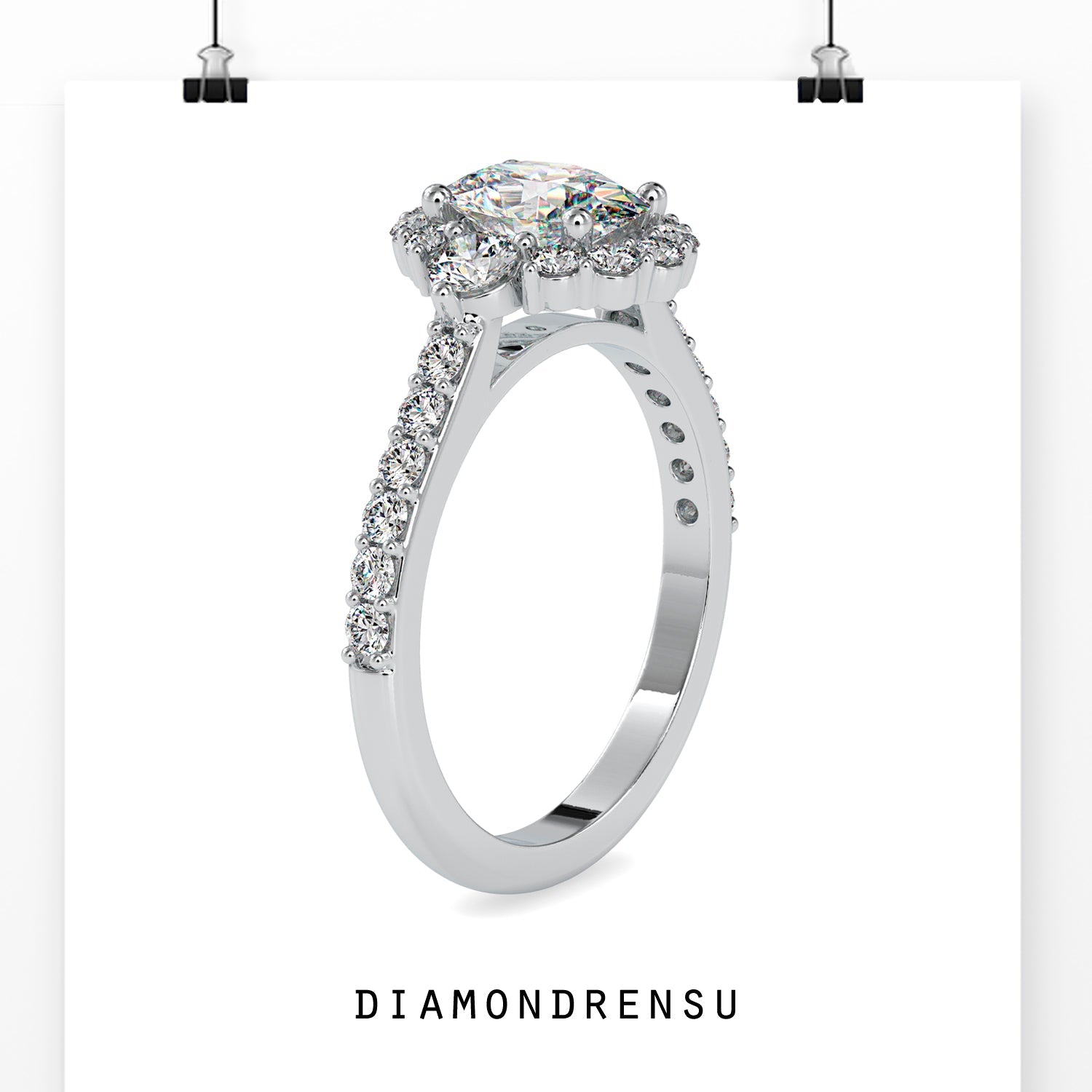 Round cut pave band ring with gold oval diamond centre.