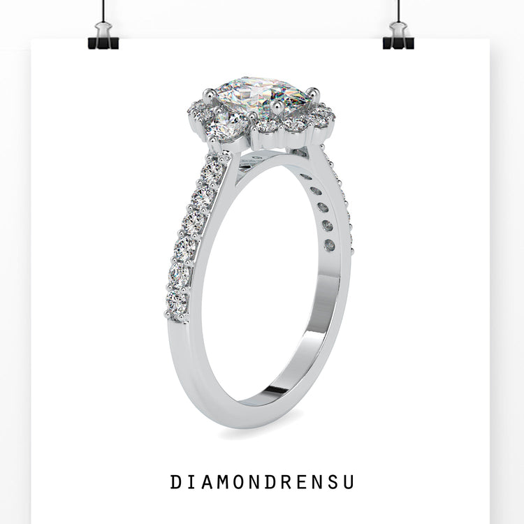 Round cut pave band ring with gold oval diamond centre.